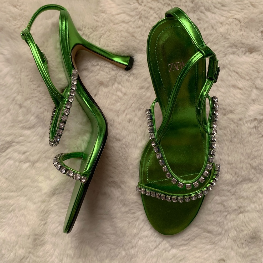 Never worn, new, lime green zara rhinestone heeled sandals.